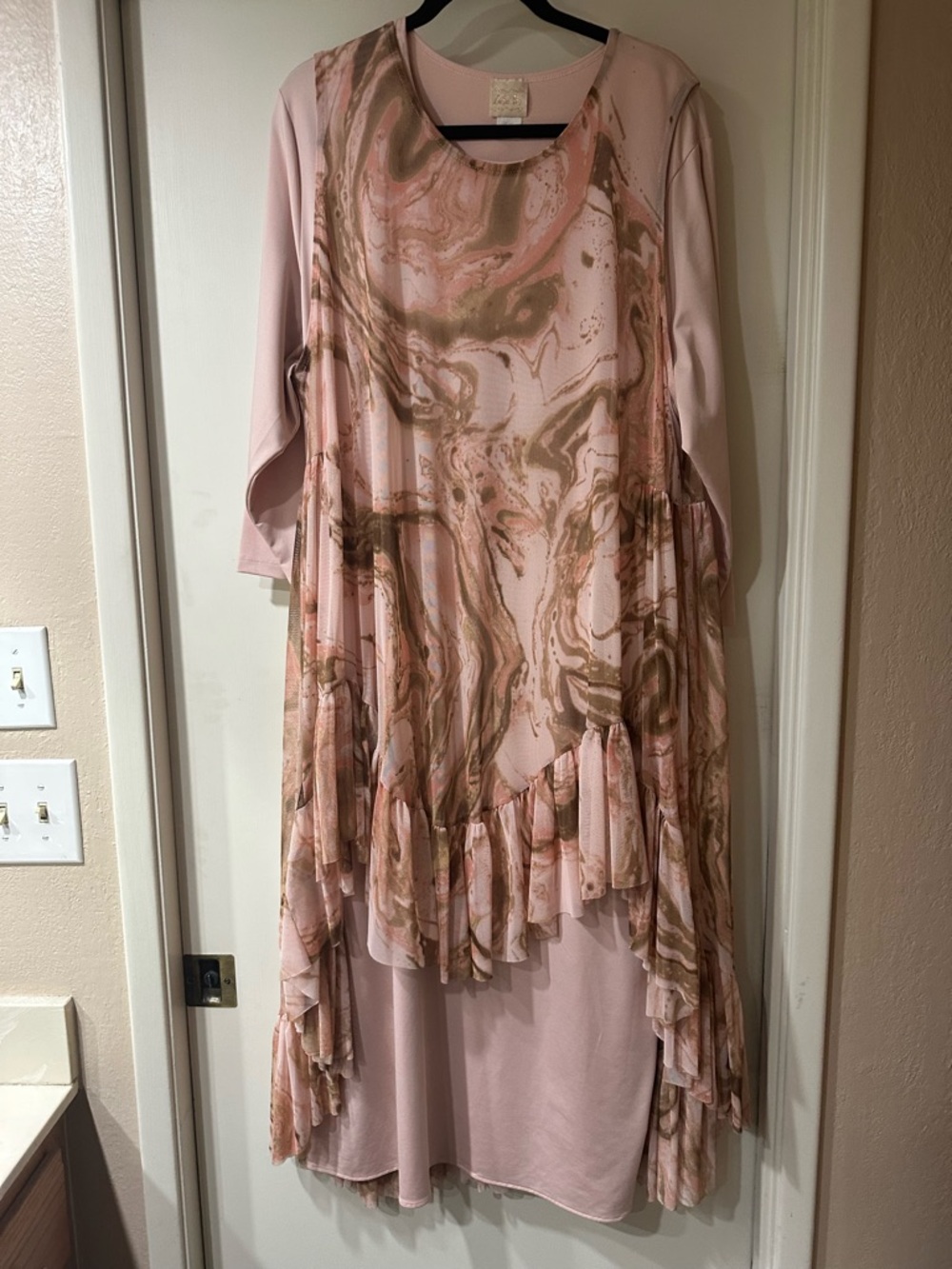 Pink Marble-Print Overlay with Asymmetric Ruffle Hem with pink layering dress